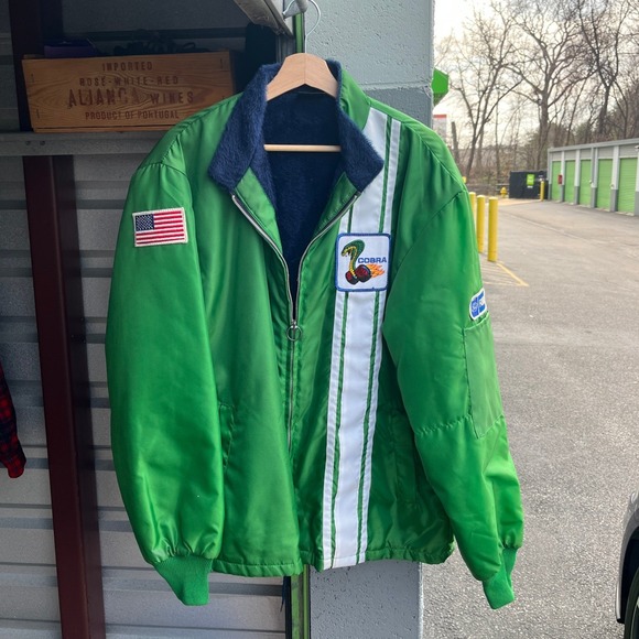 Vintage RARE 60s 70s Ford Mustang Cobra Racing Jacket Green Faux Fur Men XL - Picture 2 of 13